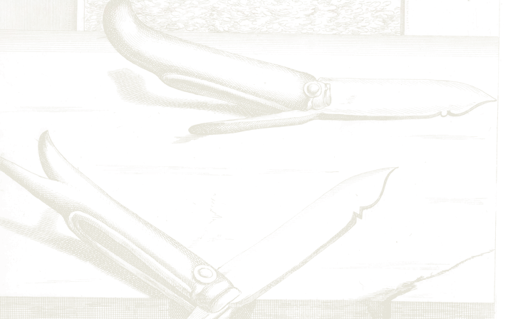 Copperplate engraving of two folding grafting knives on a stone ledge, from Ferrari's Hesperides, 1646