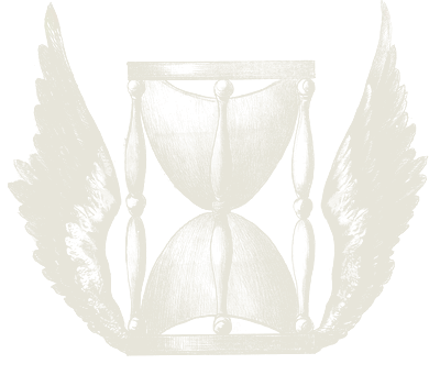 Lithograph of a winged hourglass